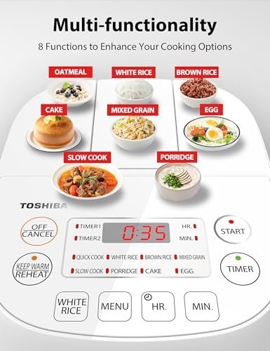 Toshiba Mini Rice Cooker, 3 Cups Uncooked Small Rice Cooker, Steamer & Warmer, With Fuzzy Logic And One-Touch Cooking, 24 Hour Delay Timer And Auto Keep Warm Feature